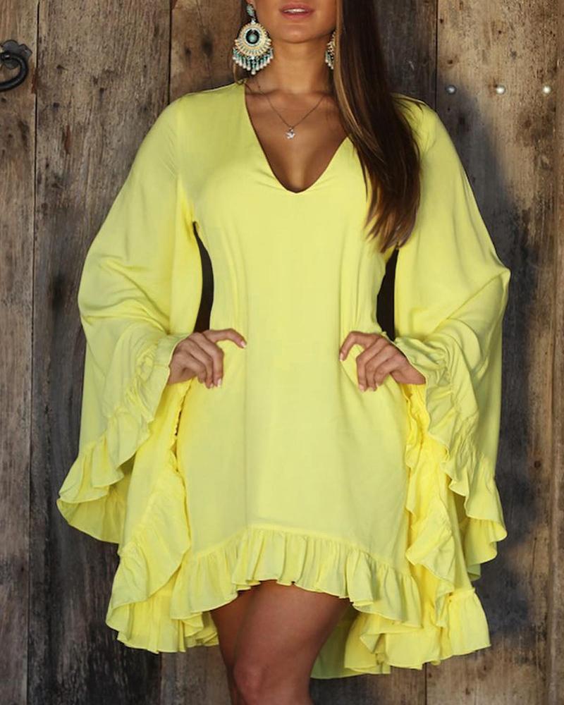 

Ruffle Hem Bell Sleeve Casual Dress, Yellow