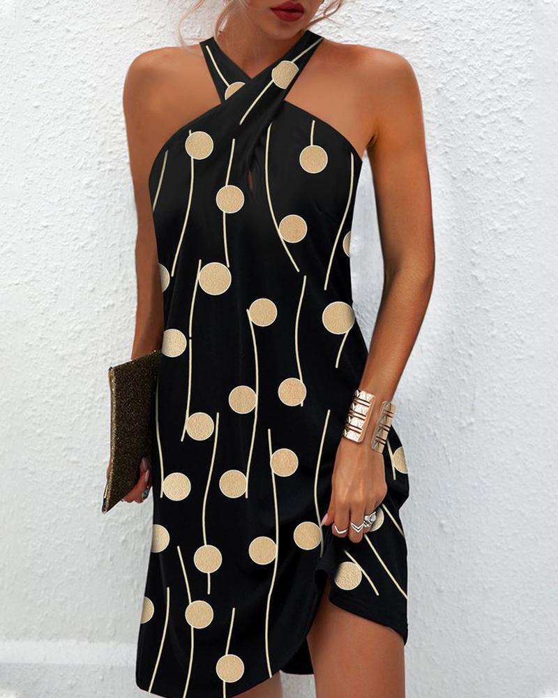

Polka Dot Print Cross Halter Casual Dress, Black