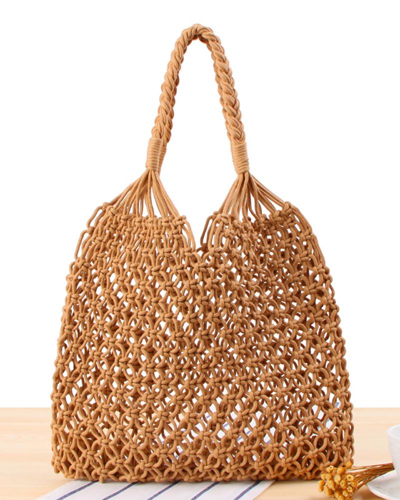 

Crochet Braided Hollow Out Beach Handbag, Khaki