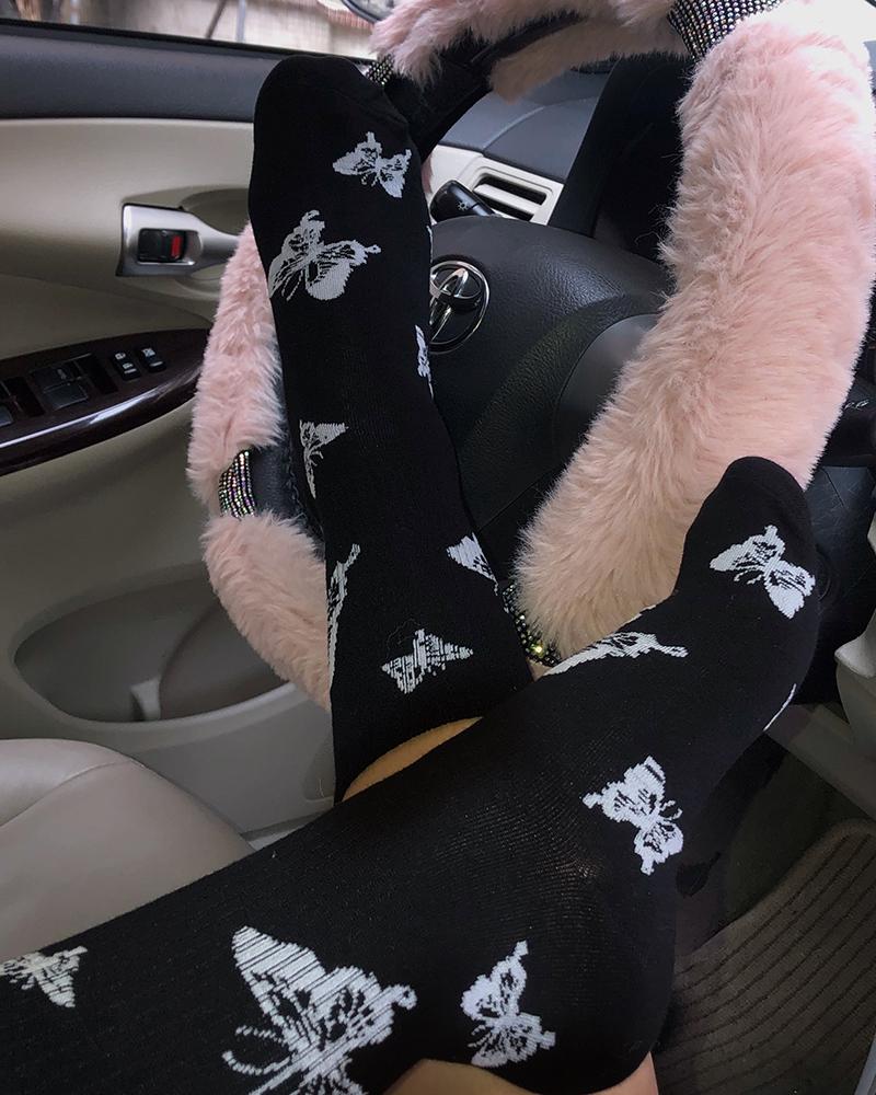 

Butterfly Print Short Socks, Black