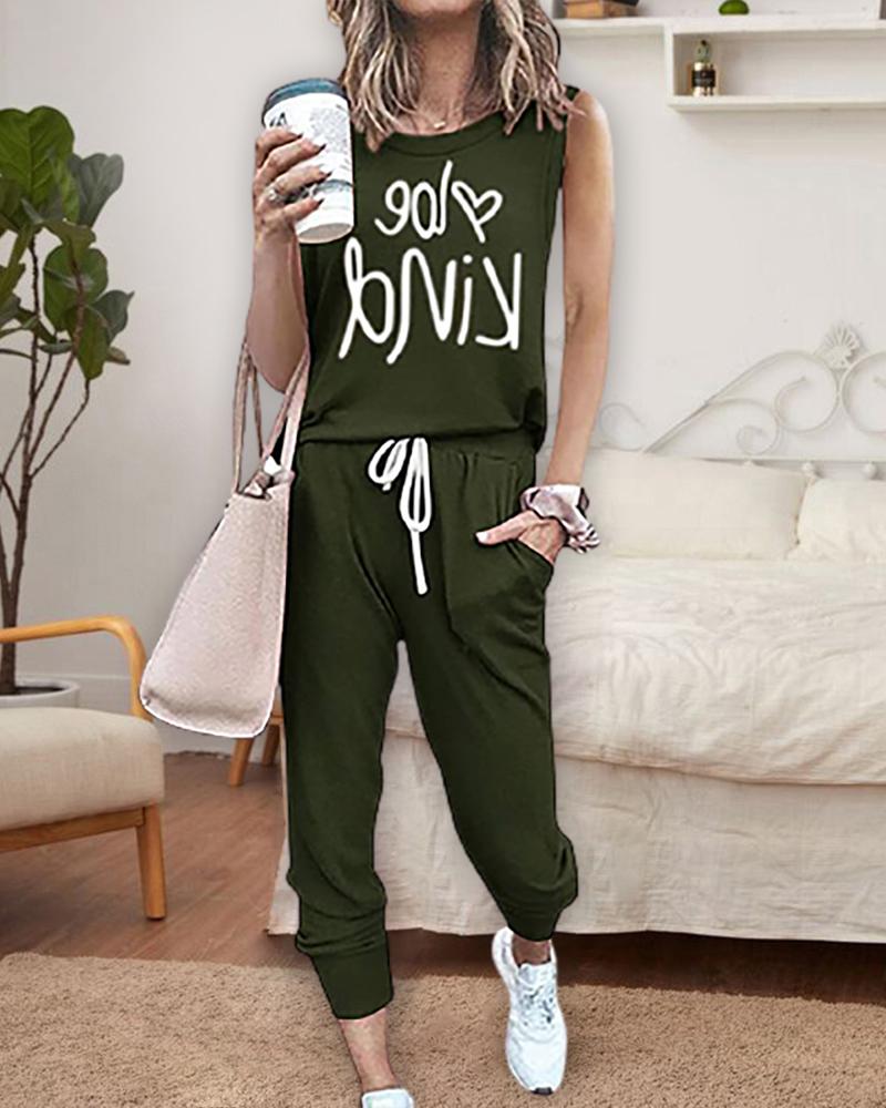 

Letter Print Tank Top & Drawstring Pants Set, Green