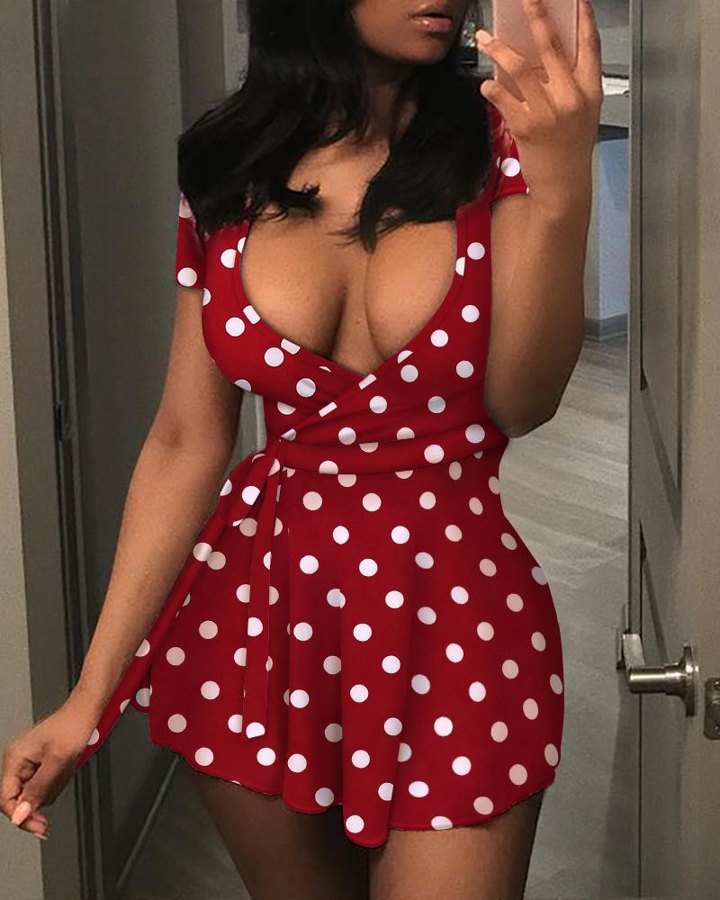 

Polkadot Print Short Sleeve Wrap Dress, Red