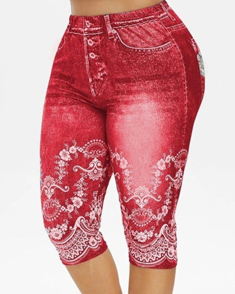 

Plus Size Floral Faux Denim Printed High Waist Capris Pants, Red
