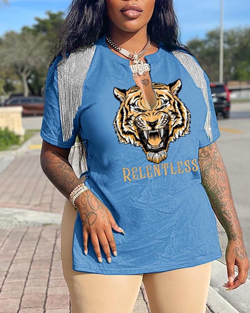 

Tiger Print Tassel Design Slit T-shirt, Blue