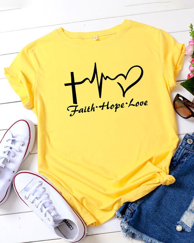 

Heart Letter Print Short Sleeve Top, Yellow