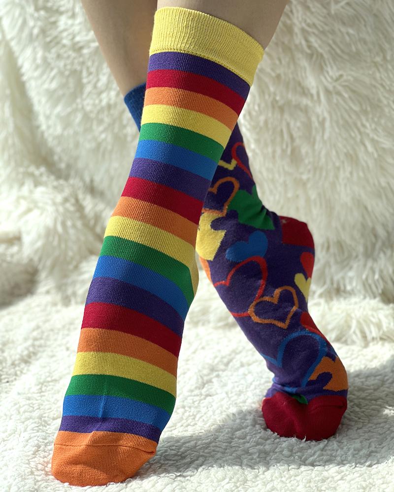 

1Pair Rainbow Stripe Heart Print Crew Socks, Multicolor