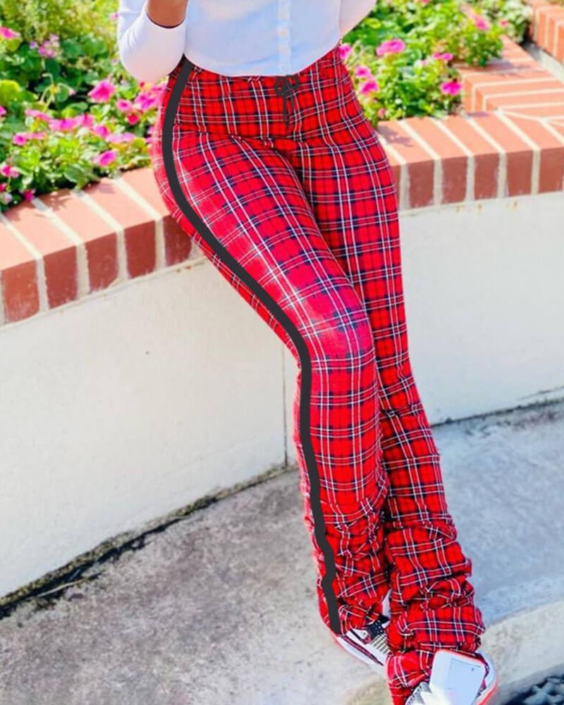 

Plaid Print Drawstring High Waist Pants, Red