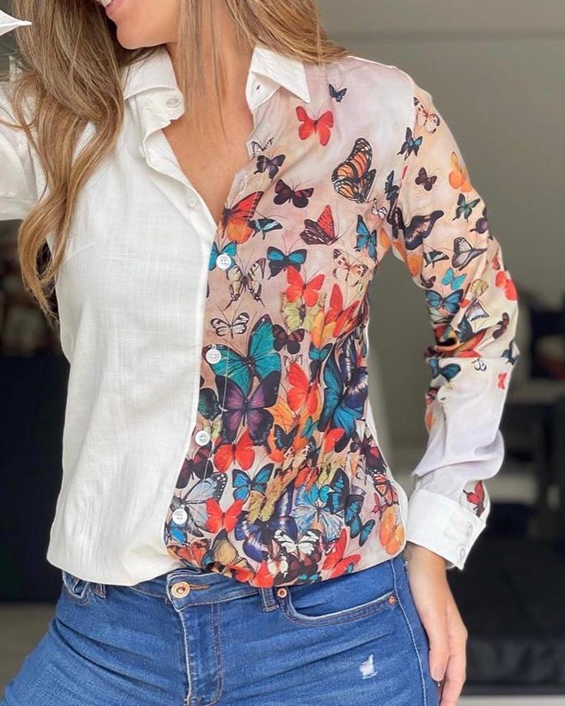 

Butterfly Print Turn-down Collar Buttoned Casual Top, White