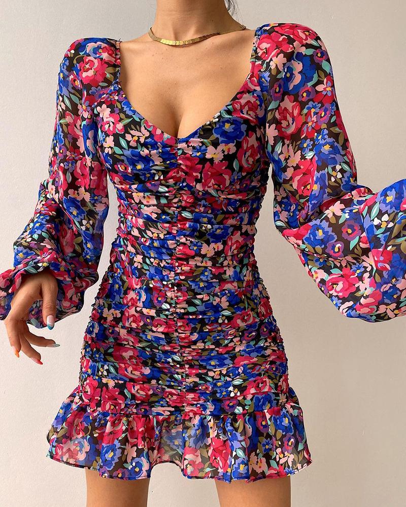 

Lantern Sleeve Ruffles Ditsy Floral Print Dress, Multicolor