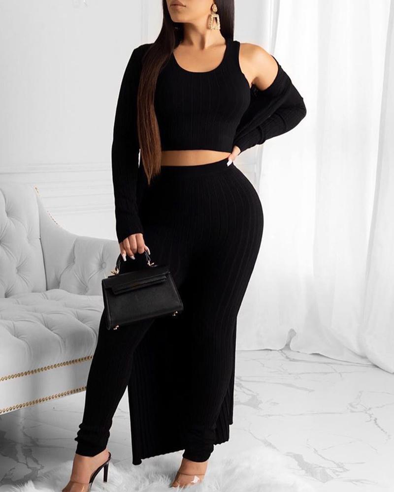 

Solid Ribbed Crop Top & Pant With Coat Sets, Black