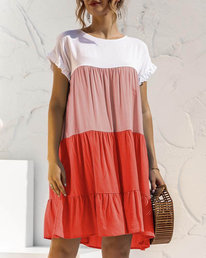 

Colorblock Frill Hem Short Sleeve Casual Dress, Orange