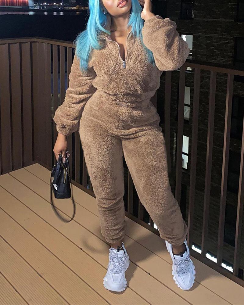 

Long Sleeve Zipper Design Fluffy Top & High Waist Pants Set, Coffee