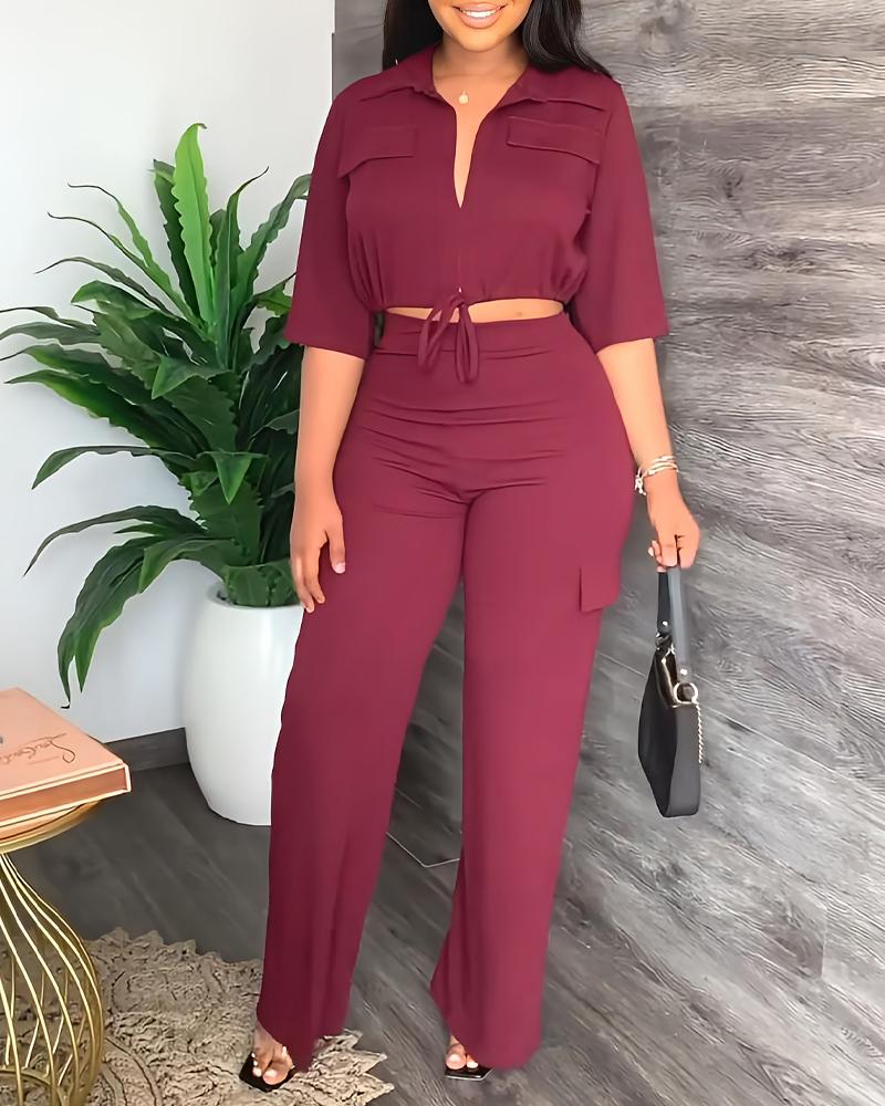 

Drawstring Hem Crop Top & Pants Set, Red