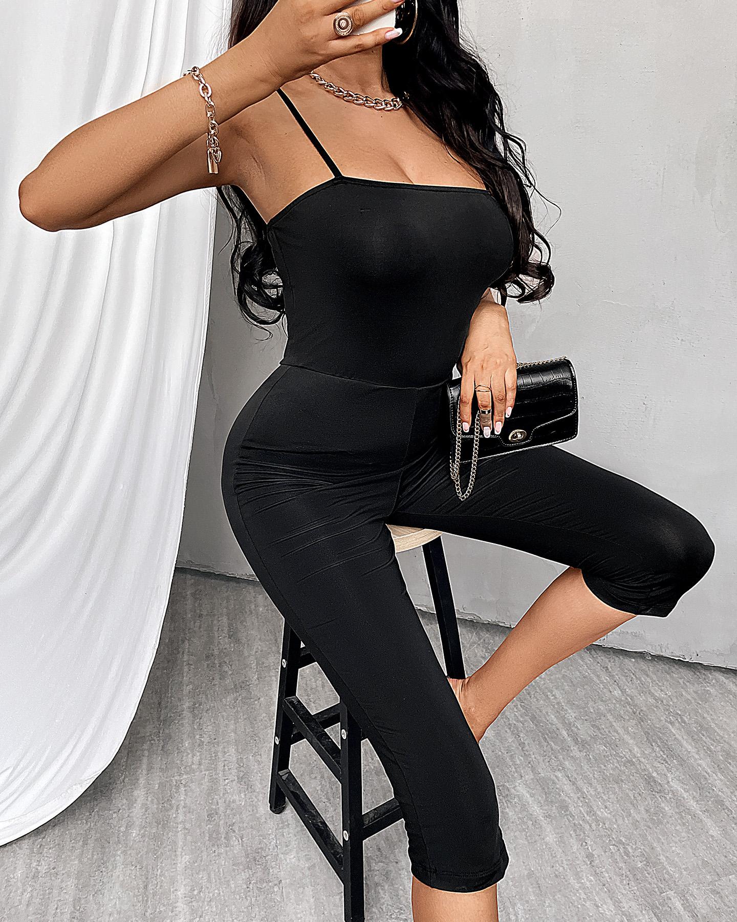 

Square Neck Spaghetti Strap Capris Jumpsuit, Black