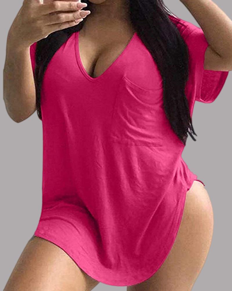 

V Neck Short Sleeve Casual T-shirt, Hot pink