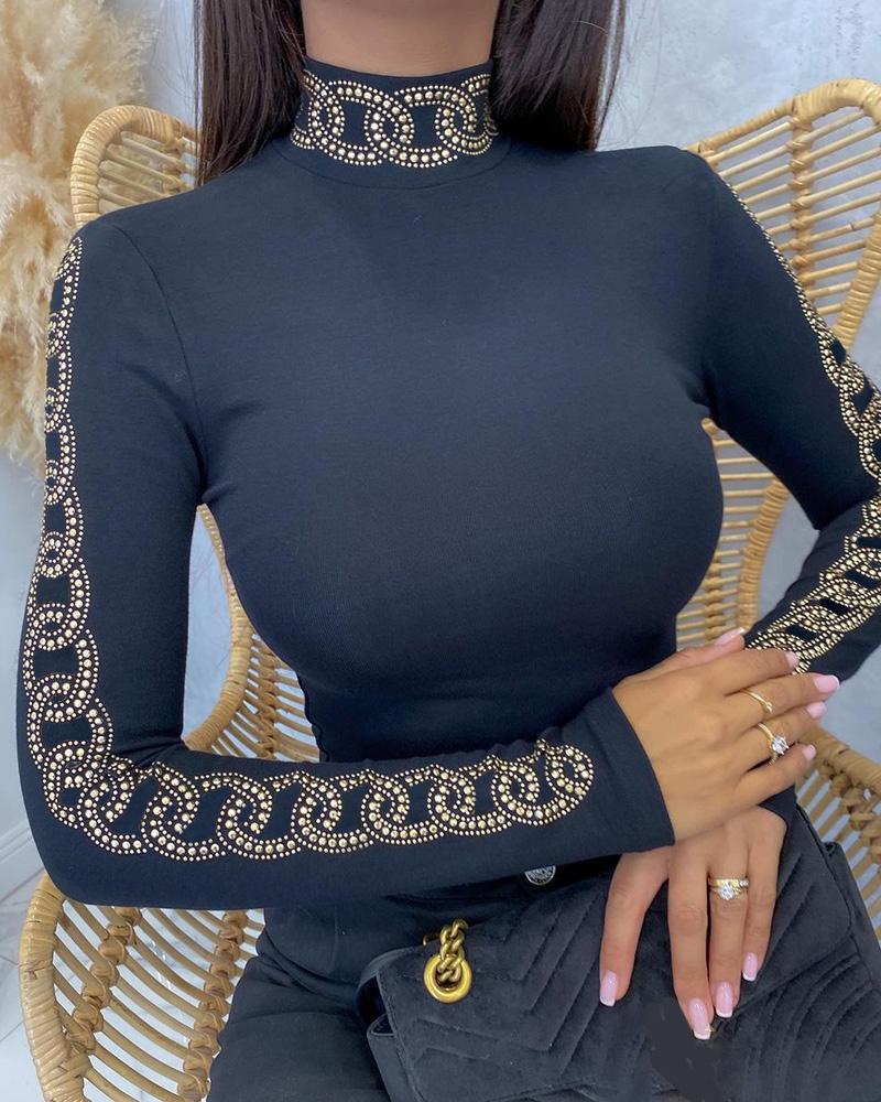 

Rhinestone Long Sleeve Cutout Skinny Top, Black