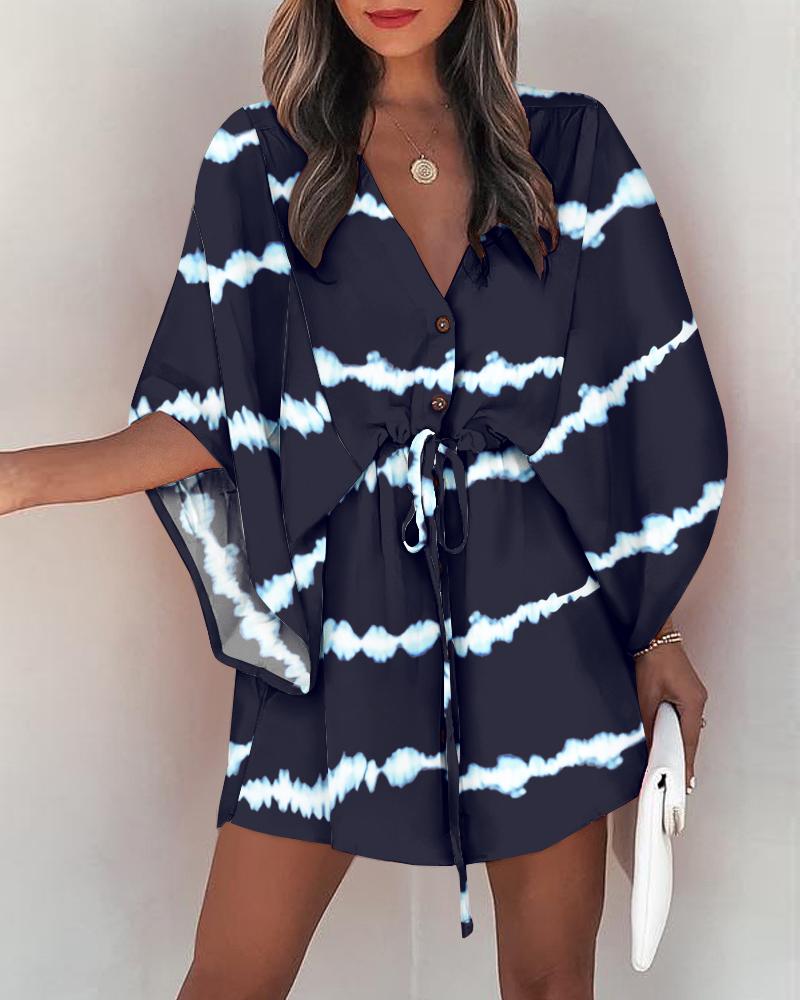 

Tie Dye Print Button Front Drawstring Casual Dress, Purplish blue