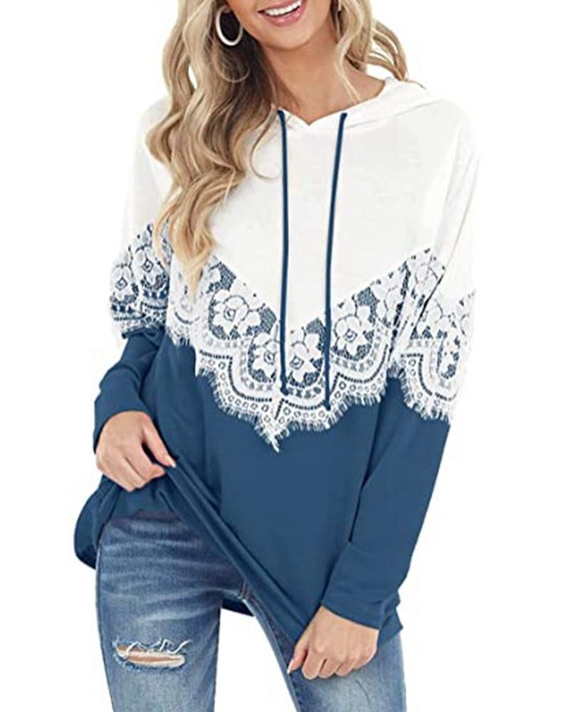 

Long Sleeve Crochet Lace Patch Colorblock Hooded Sweatshirt, Blue