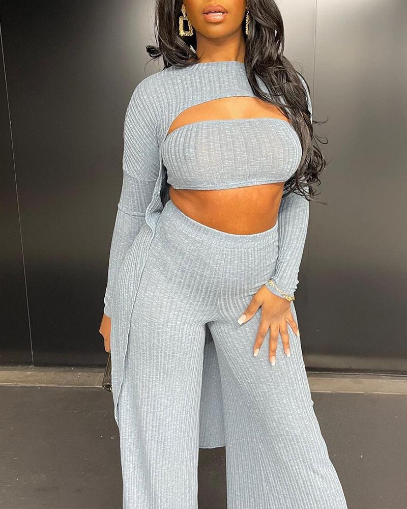 

Knit Tube Top & Long Sleeve Crop Top & Pants Set, Gray