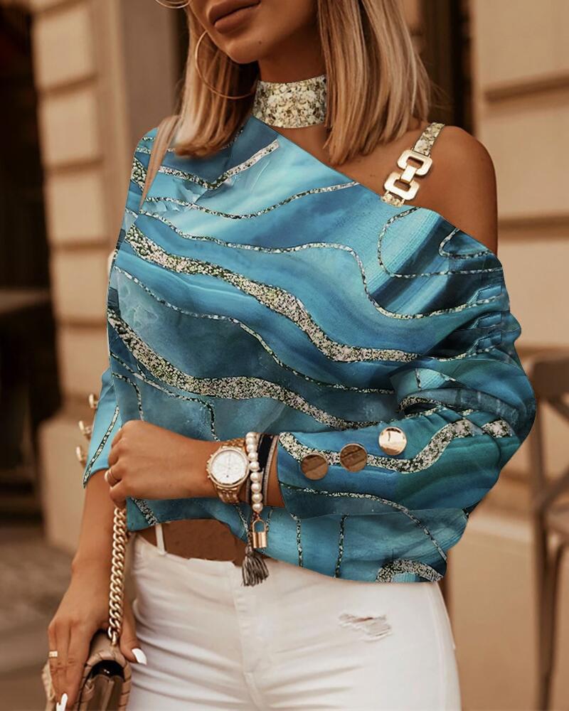 

Marble Print Metal Decor Cold Shoulder Top, Green