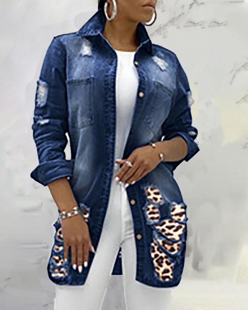 

Cheetah Print Patch Ripped Buttoned Denim Coat, Dark blue