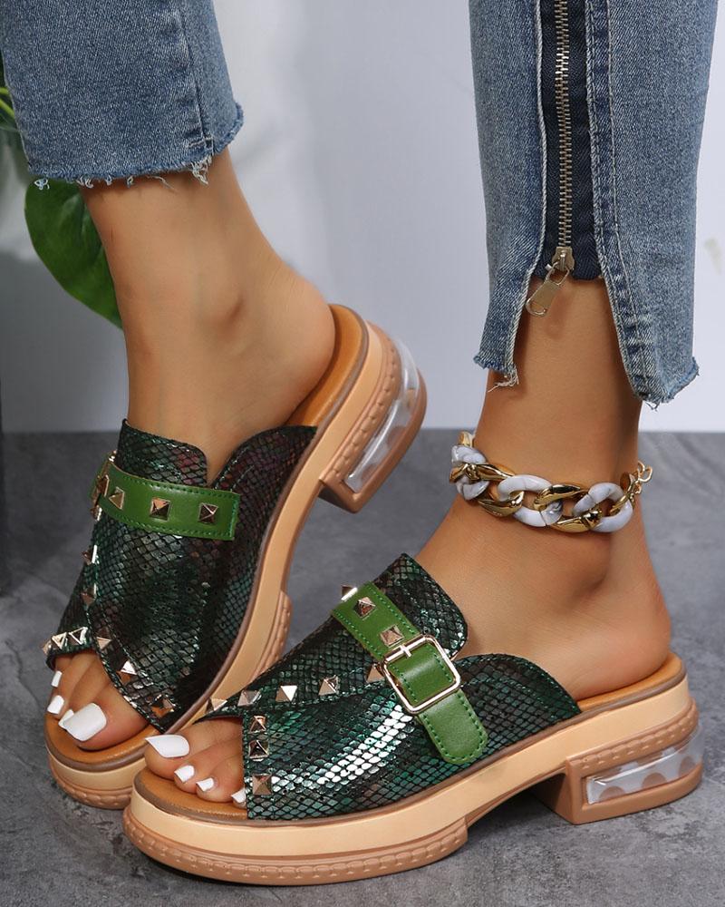 

Peep Toe Buckled Studded Slippers, Green