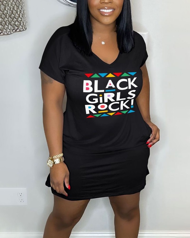 Vestido casual con diseño de bolsillo con estampado de rock negro para niñas