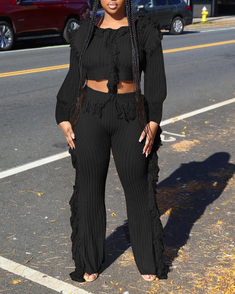 

Fringe Trim Long Sleeve Crop Top & Pants Set, Black