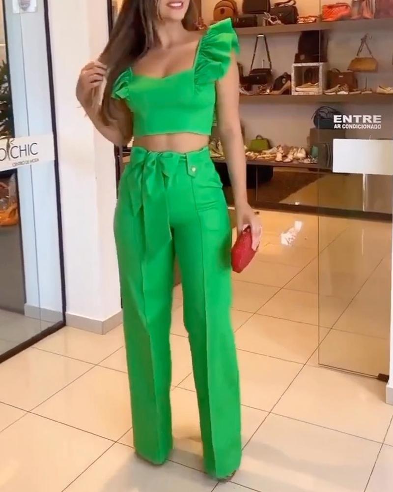 

Ruffle Hem Crop Top & Belted Straight Leg Pants Set, Green