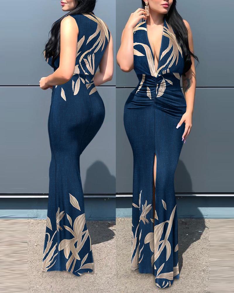 

Plants Print Plunge High Slit Maxi Dress, Dark blue