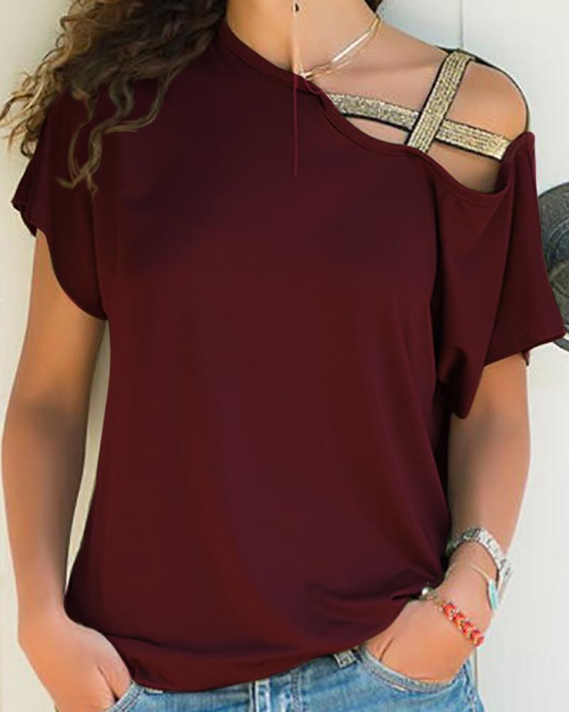 

Solid Crisscross One Shoulder T-Shirt, Wine red