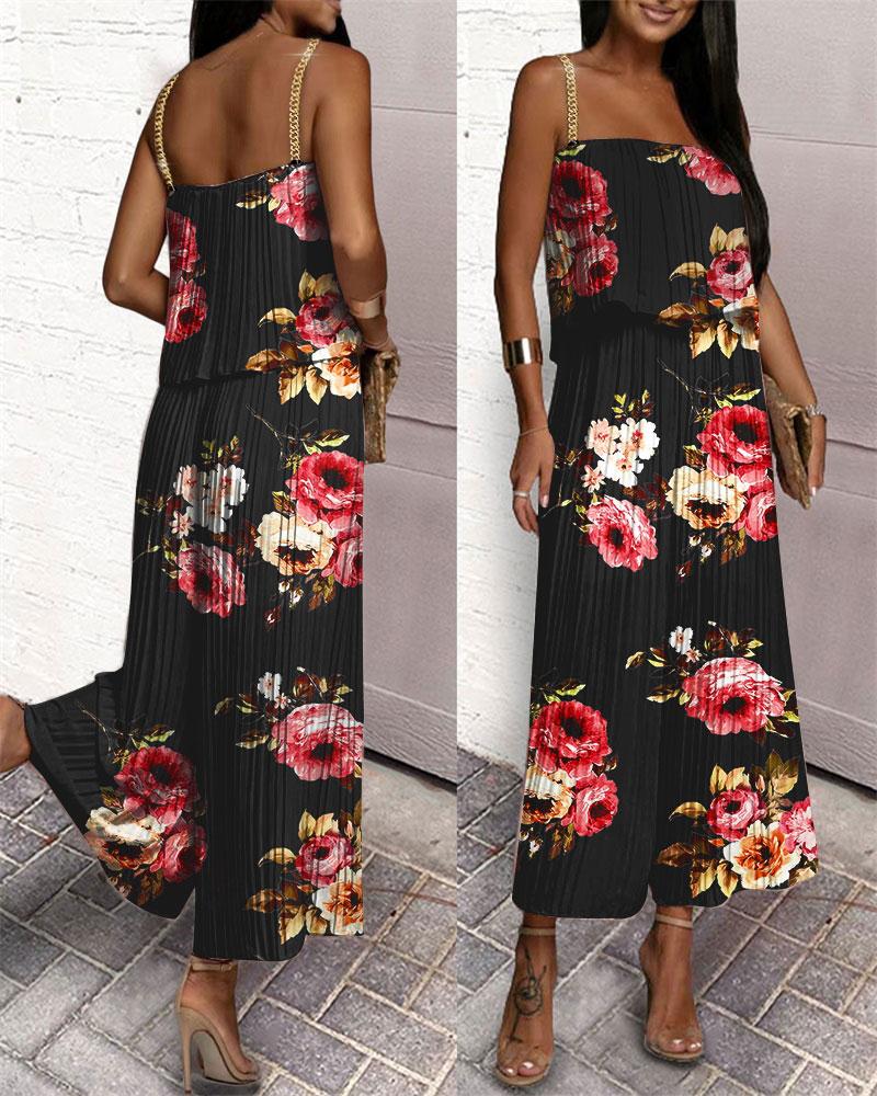 

Floral Print Chain Strap Pleated Wide Leg Jumpsuit, Black