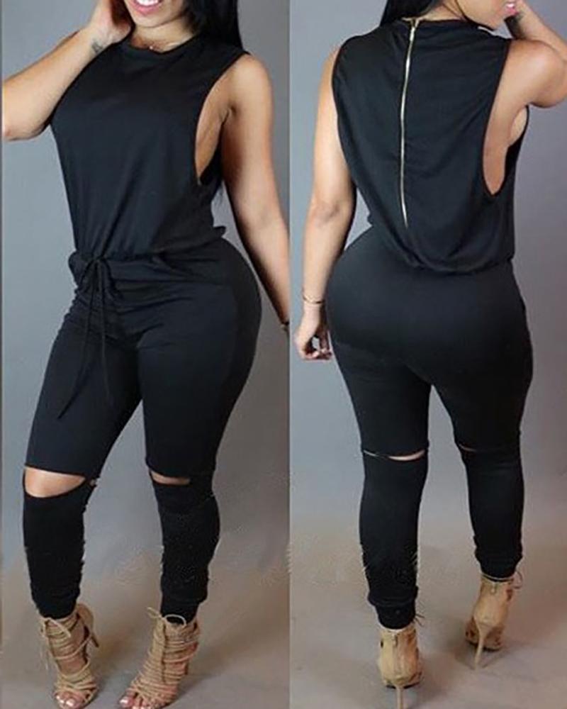 

Sleeveless Solid Top & Drawstring Cut Out Pants Set, Black