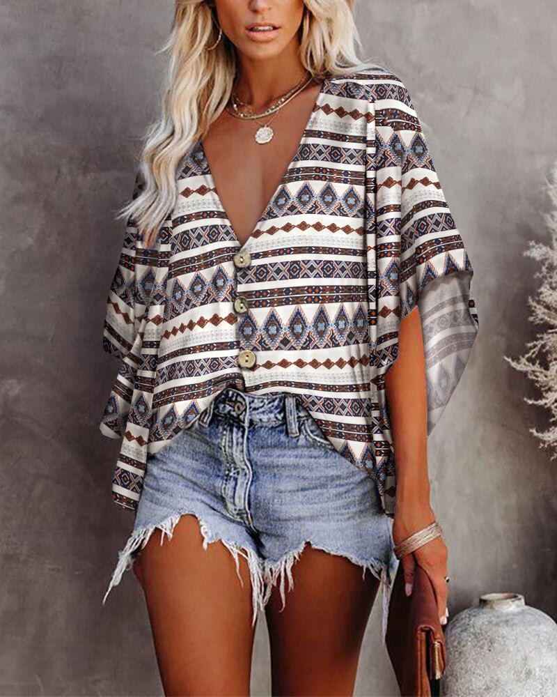 

Vintage Tribal Print Batwing Sleeve Button Front Top, White