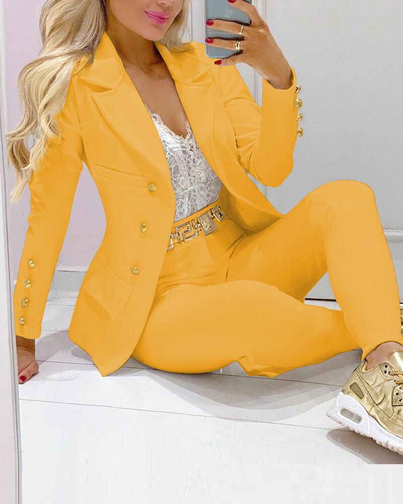 

Lapel Collar Double Breasted Blazer & Tailored Pants Set, Yellow