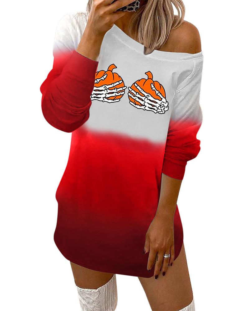 

Halloween Pumpkin Skull Print Ombre Sweatshirt Casual Dress, Red