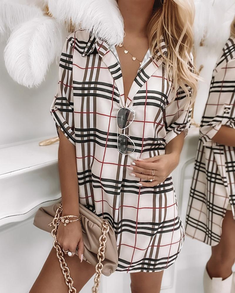 

Plaid Print Short Sleeve Shirt Dress, Apricot