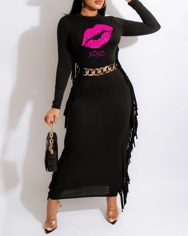 

Lip Letter Print Tassel Trim Long Sleeve Bodycon Dress, Black