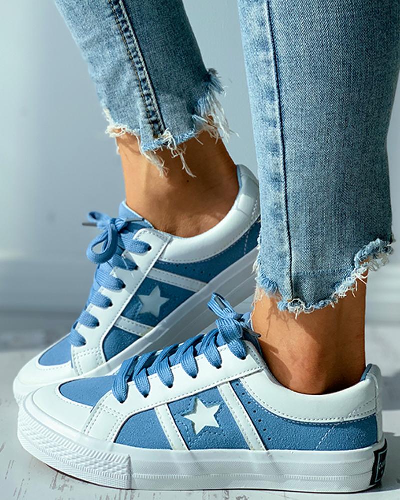 

Star Pattern Colorblock Lace-up Canvas Shoes, Blue