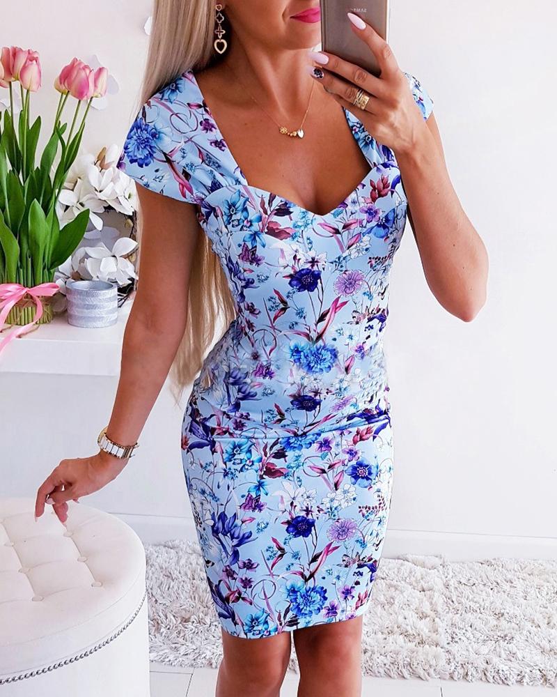 

Floral Print Short Sleeve Bodycon Women Dress, Blue