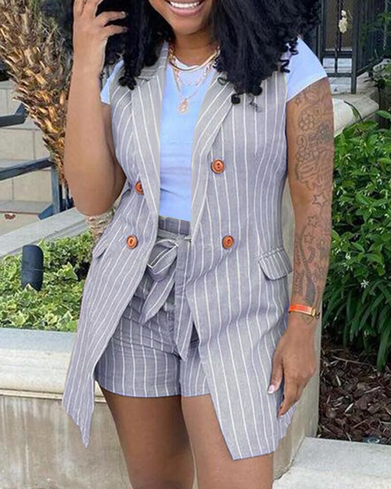 

Striped Print Double Breasted Vest Blazer & Shorts Set, Khaki