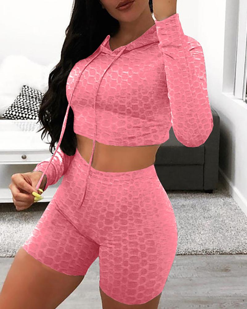 

Bubble Textured Long Sleeve High Waist Hooded Active Sets, Pink