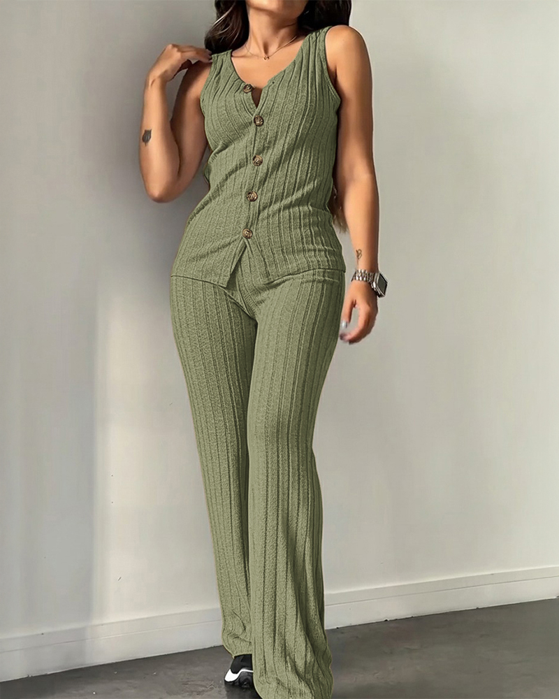 

Ensemble 2 pièces : haut sans manches à col en V et boutonné sur le devant, pantalon légèrement évasé à taille élastique, vêtements de détente décontractés côtelés et brossés, Green