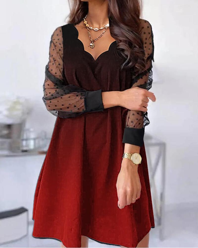 

Ombre Print Contrast Mesh Long Sleeve Casual Dress, Red