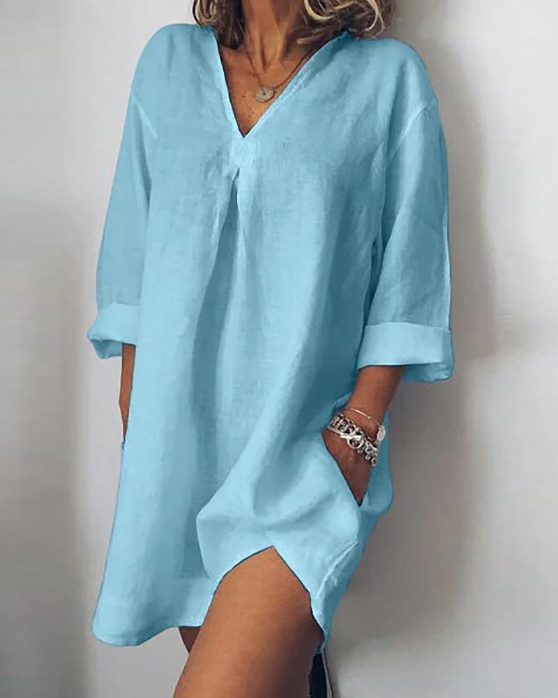 

Plain Long Sleeve Casual Dress, Blue