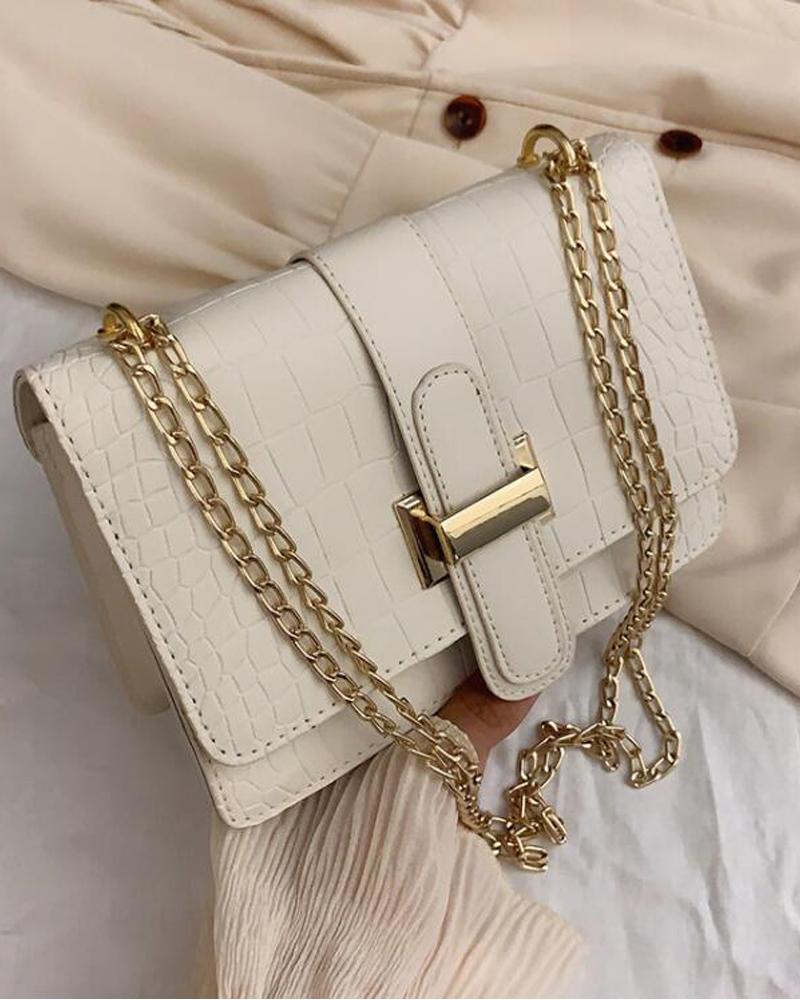 

Embossed Chain Strap Flap Shoulder Bag, White