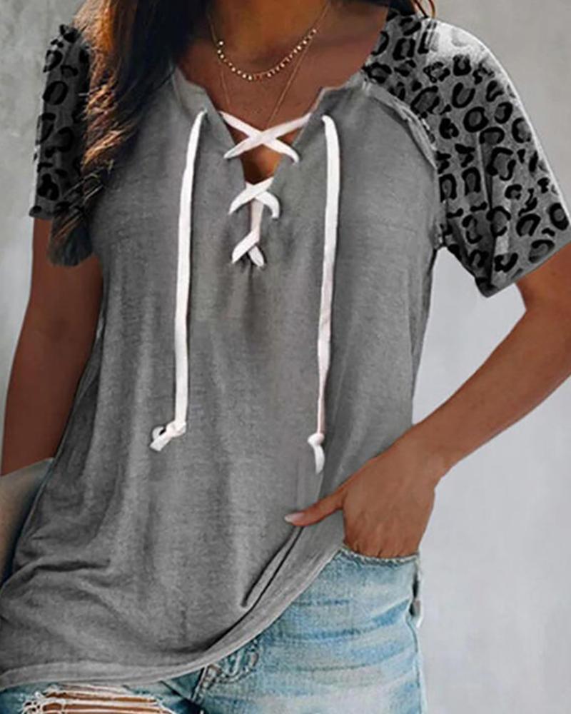 

Cheetah Print Colorblock Lace-up Front Top, Gray