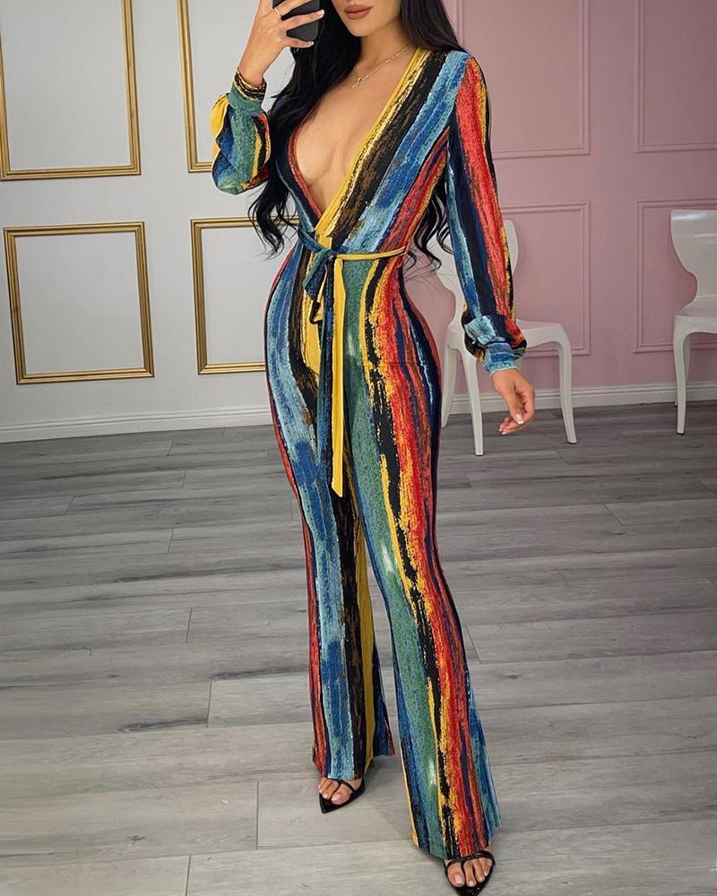 

Abstract Print Long Sleeve Plunge Jumpsuit, Multicolor