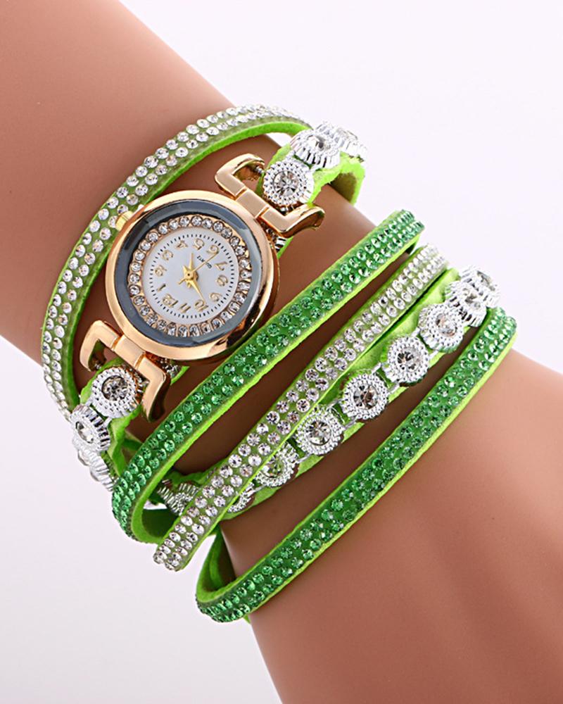 

1pc Allover Rhinestone Stackable Bangle Quartz Watch, Green