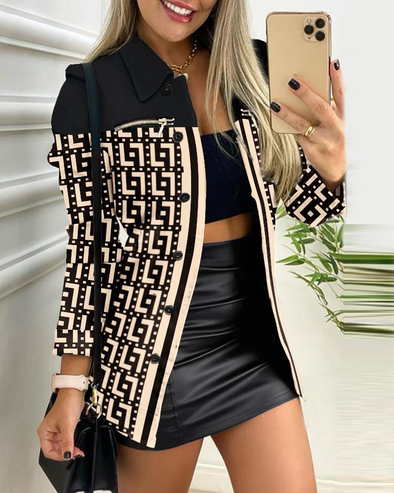 

Geometric Print Button Front Long Sleeve Coat, Apricot